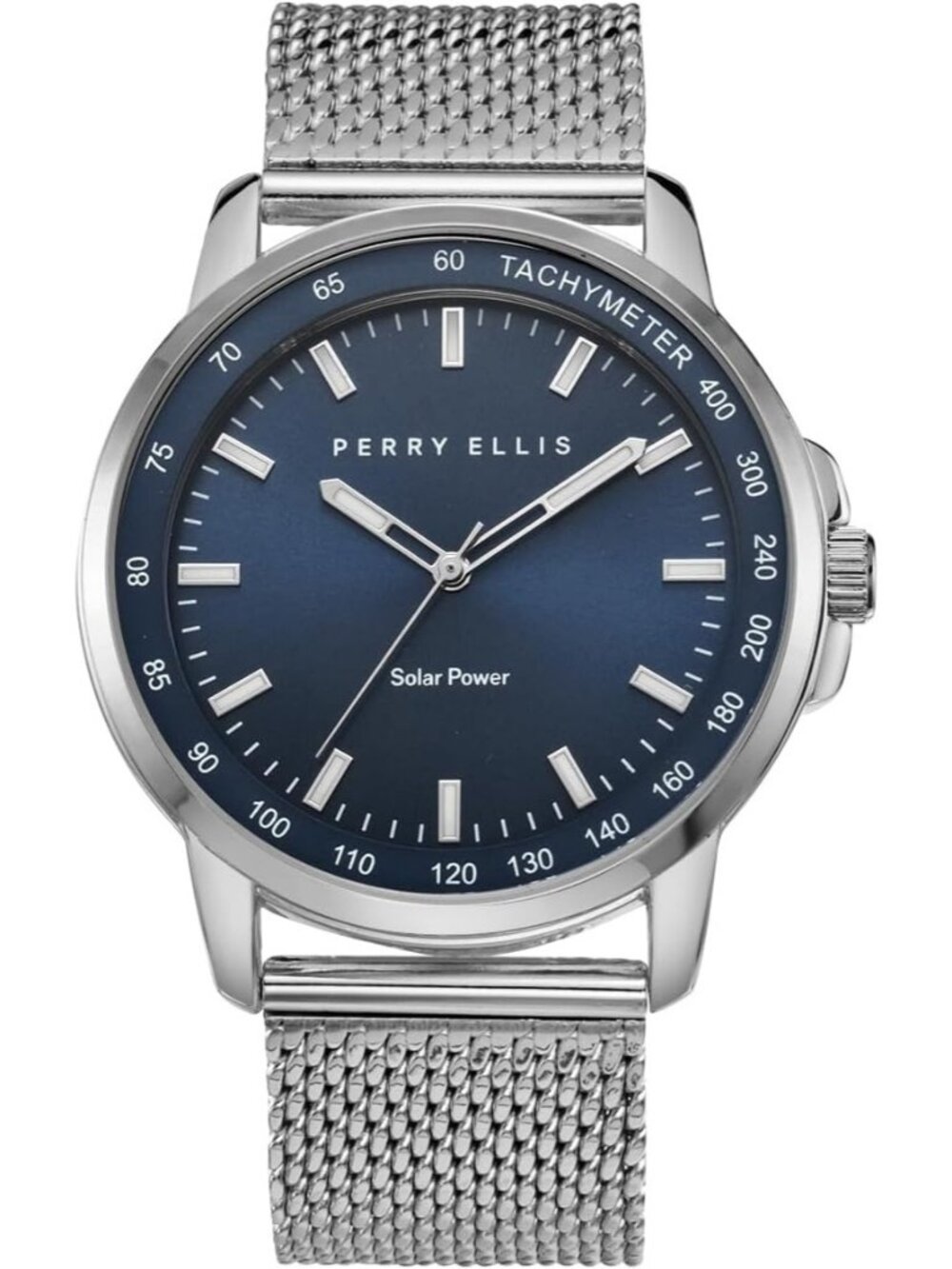 Mens Silver Blue Steel Mesh Band Aluminum Tachymeter Bezel WaterResistant Watch